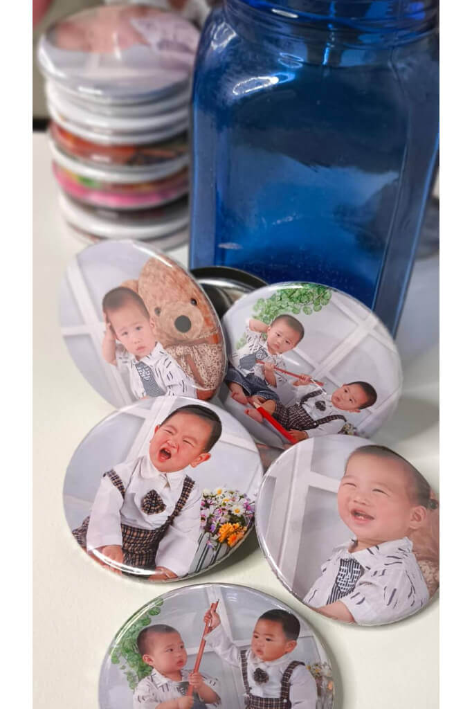Custom Photo Magnets 50mm (1.97") ROUND featuring joyful children photos, arranged beautifully.